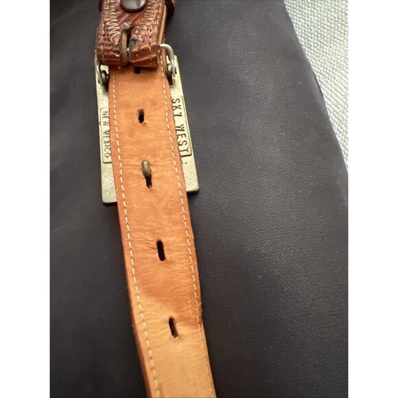 Wood Turquoise Brass Inlay Landscape Buckle Lizard  Belt Hippie Vtg Sky West 34 - Picture 7 of 11